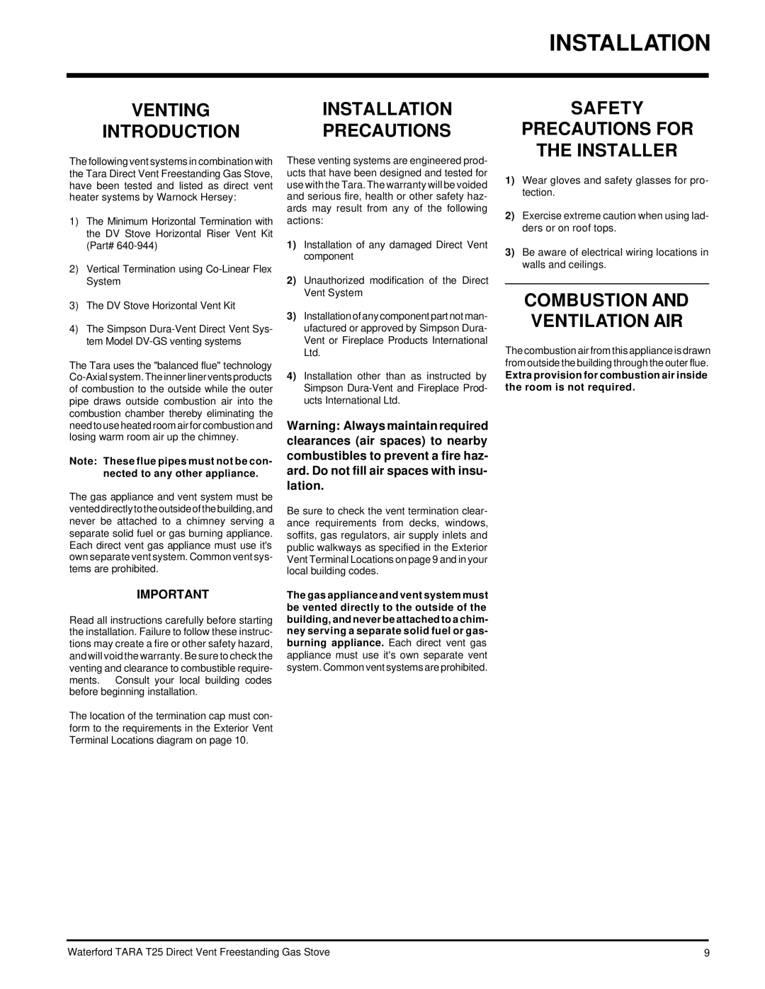 Waterford Appliances T25-LP, T25-NG installation manual Combustion and Ventilation AIR 