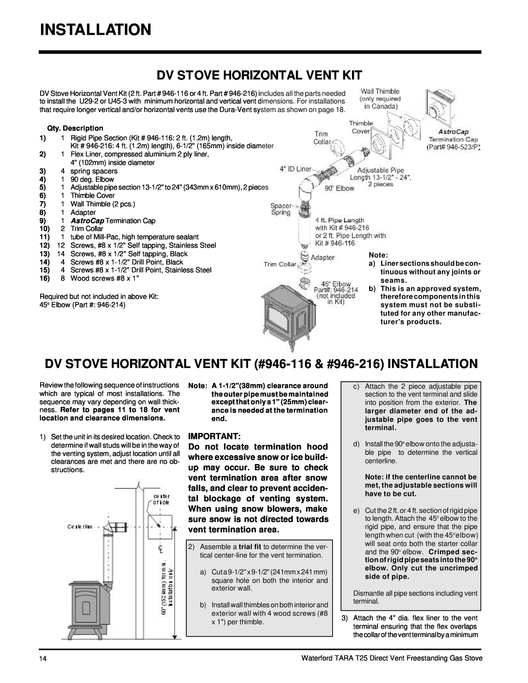 Waterford Appliances T25-NG, T25-LP installation manual Dv Stove Horizontal Vent Kit, Qty. Description 