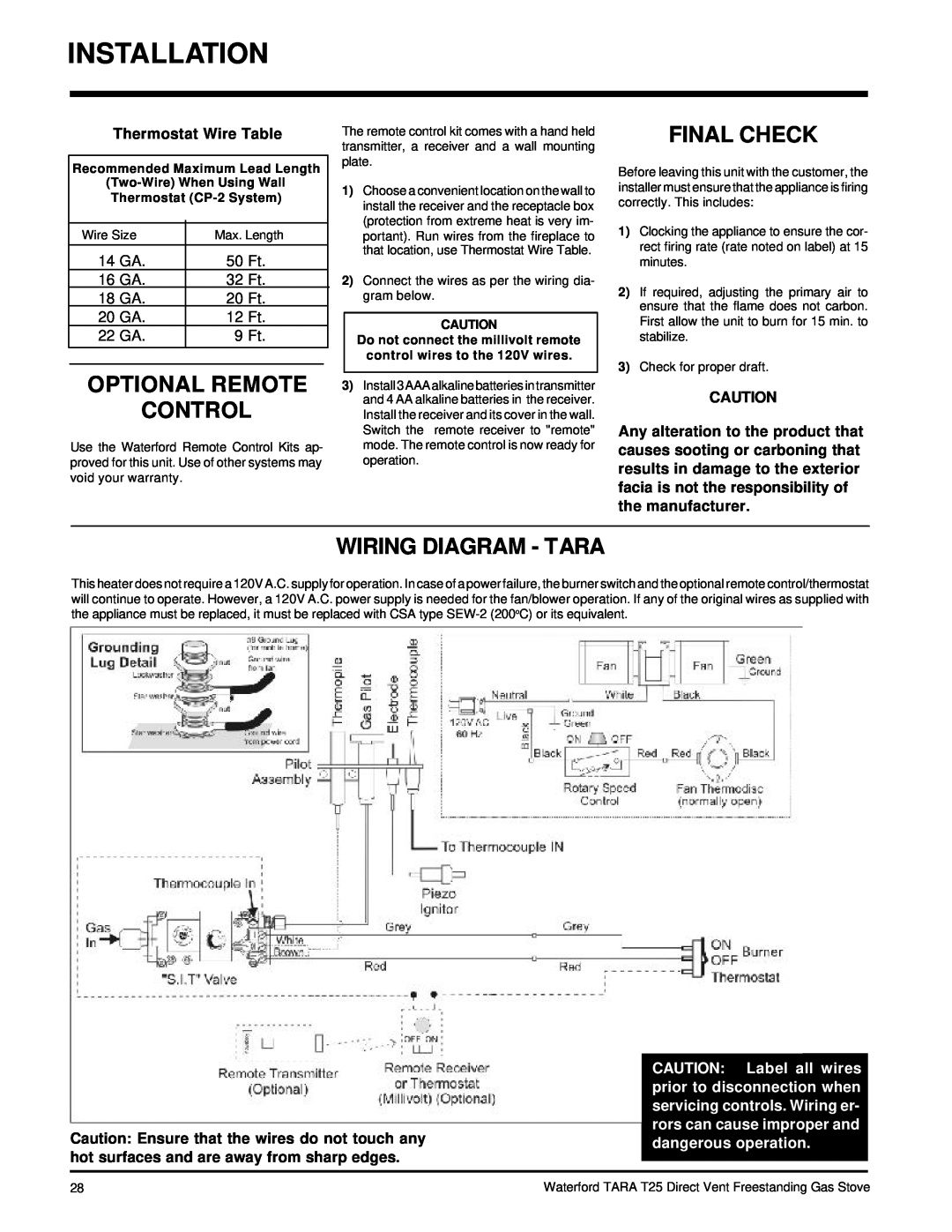 Waterford Appliances T25-NG, T25-LP Optional Remote Control, Final Check, Wiring Diagram - Tara, Thermostat Wire Table 