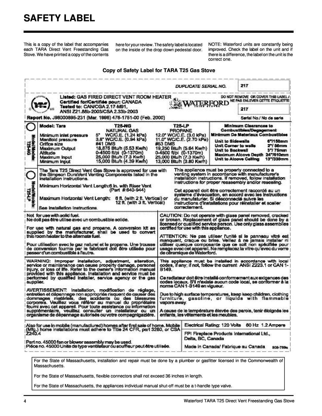 Waterford Appliances T25-NG, T25-LP installation manual Copy of Safety Label for TARA T25 Gas Stove 