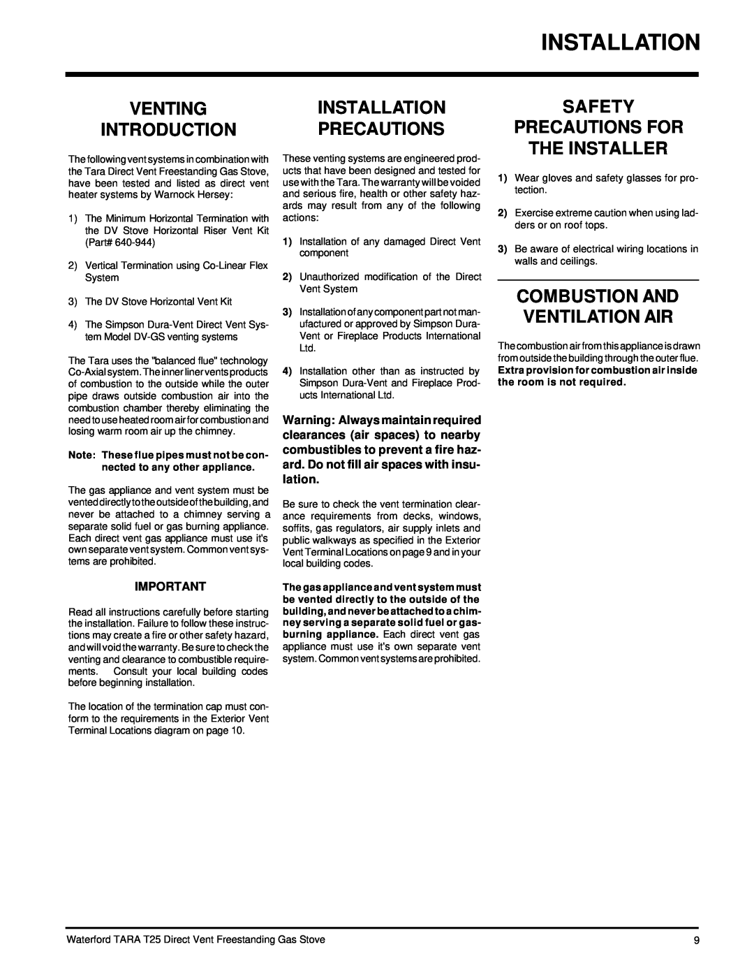 Waterford Appliances T25-LP, T25-NG Ventinginstallation Introduction Precautions, Safety Precautions For The Installer 