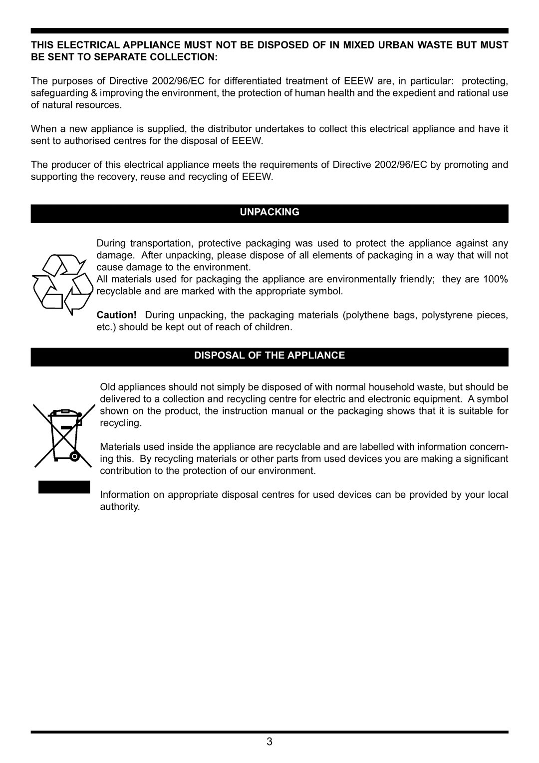 Waterford Precision Cycles Ceramic Hob manual Unpacking, Disposal of the Appliance 