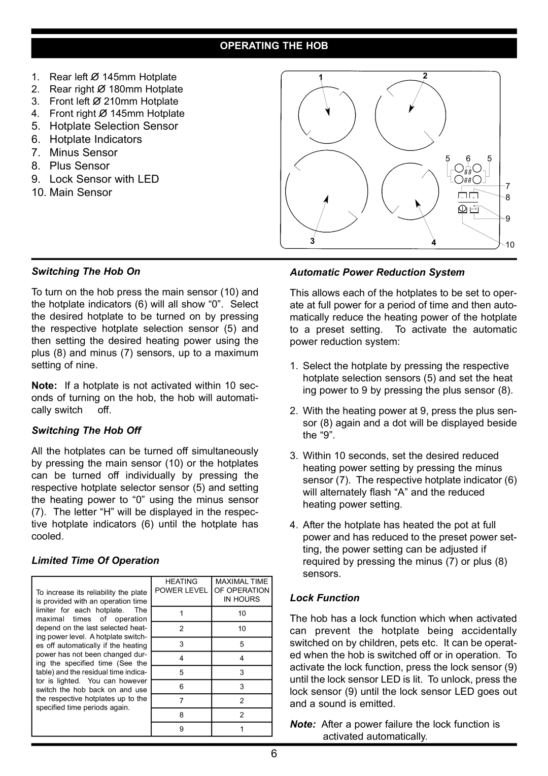 Waterford Precision Cycles Ceramic Hob manual Operating the HOB, Switching The Hob On 