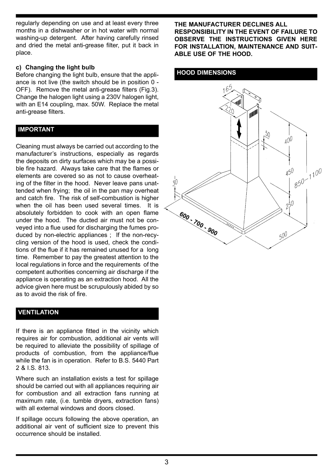 Waterford Precision Cycles Chimney Hood manual Changing the light bulb, Ventilation, Hood Dimensions 