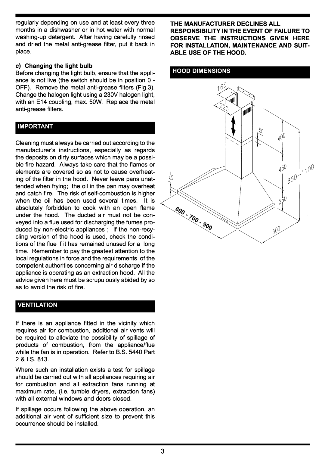 Waterford Precision Cycles Chimney Hood manual c Changing the light bulb, Ventilation, Hood Dimensions 