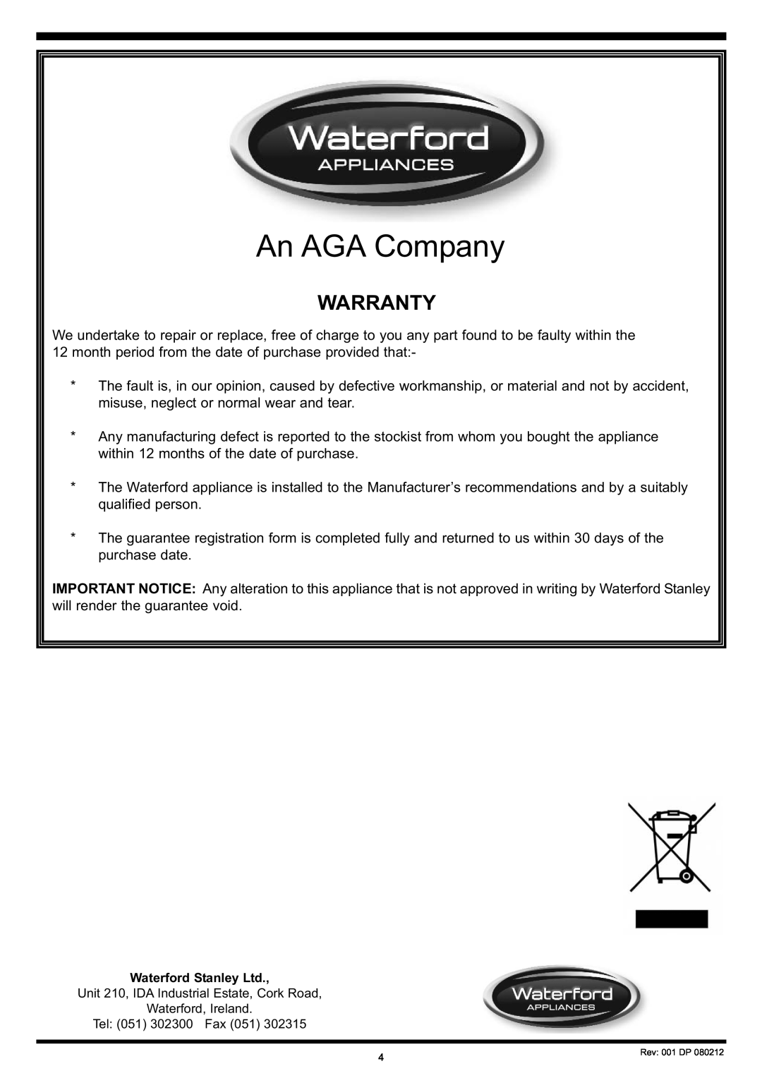 Waterford Precision Cycles Chimney Hood manual An AGA Company, Warranty 