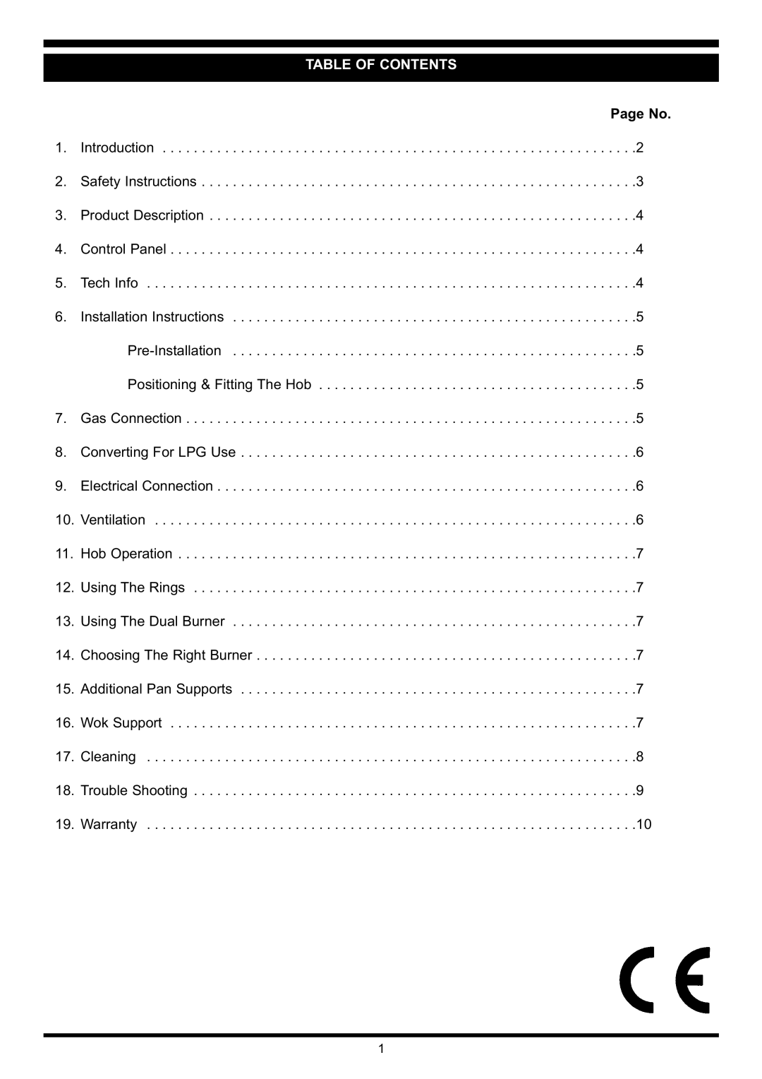 Waterford Precision Cycles Gas Hob manual Table of Contents 