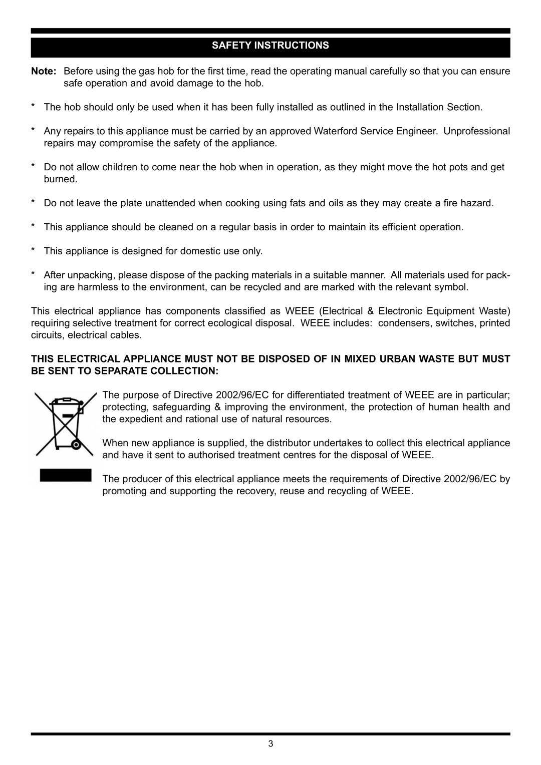 Waterford Precision Cycles Gas Hob manual Safety Instructions 