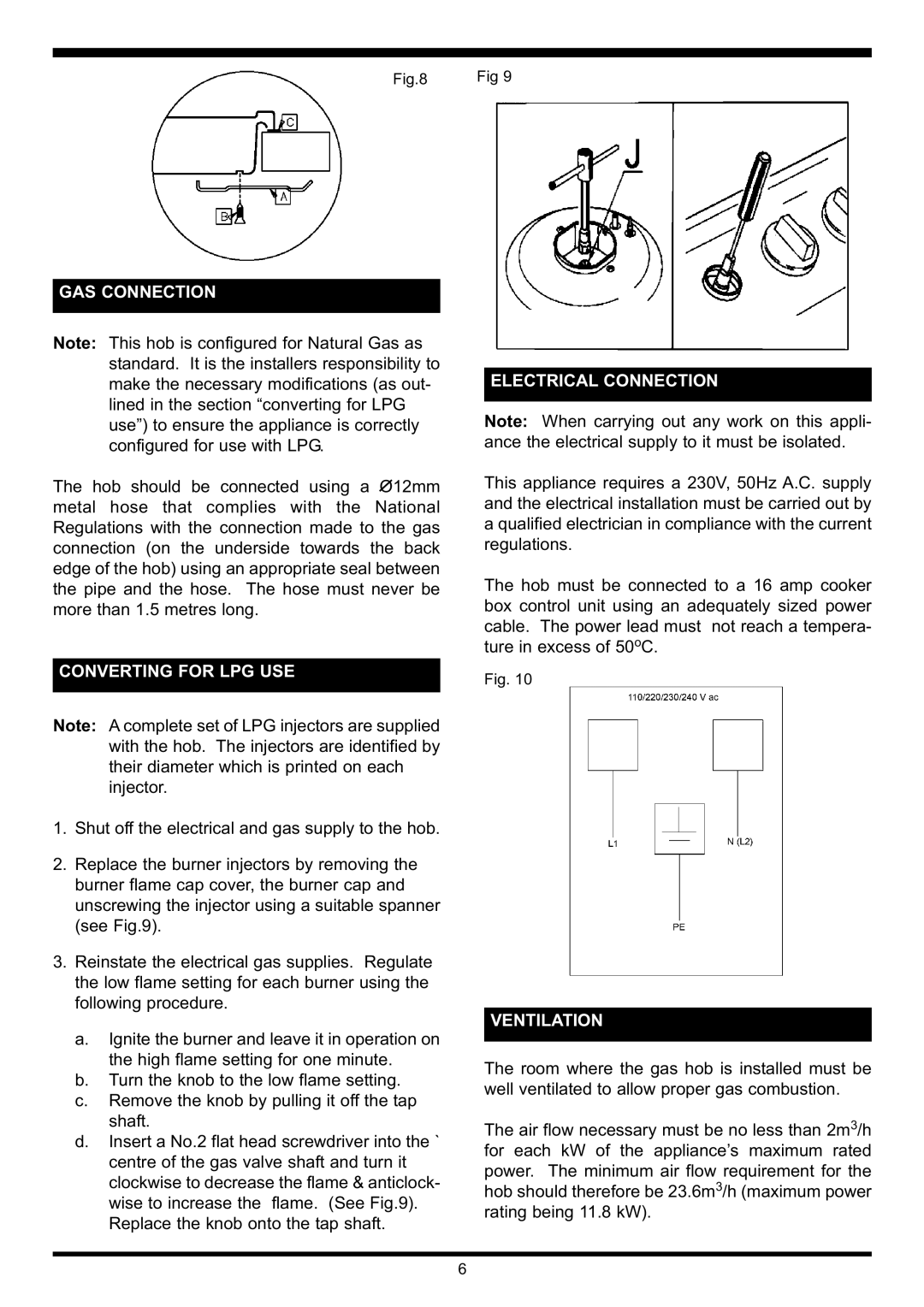 Waterford Precision Cycles Gas Hob manual GAS Connection, Converting for LPG USE, Electrical Connection, Ventilation 