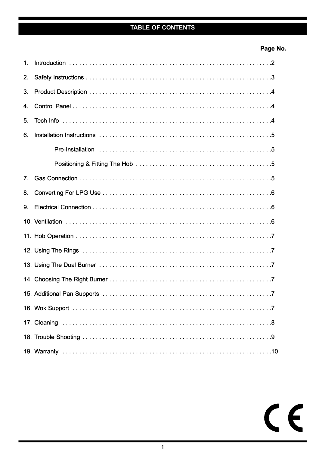 Waterford Precision Cycles Gas Hob manual Table Of Contents, Page No 