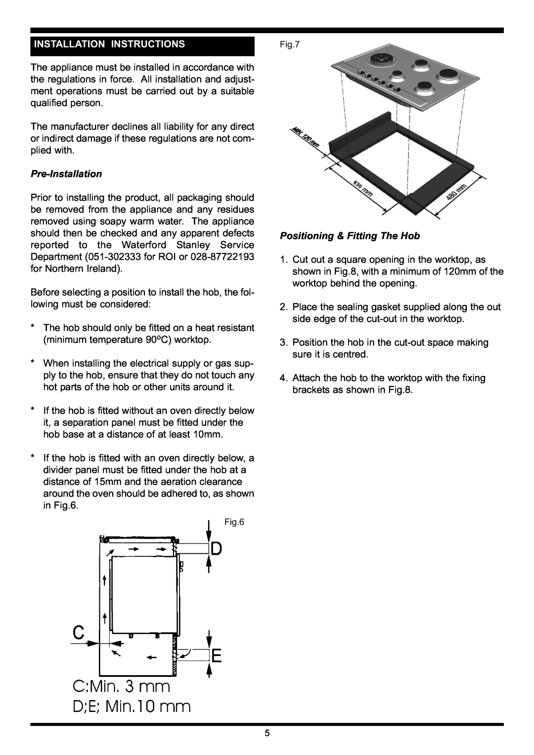 Waterford Precision Cycles Gas Hob manual Installation Instructions, Pre-Installation, Positioning & Fitting The Hob 