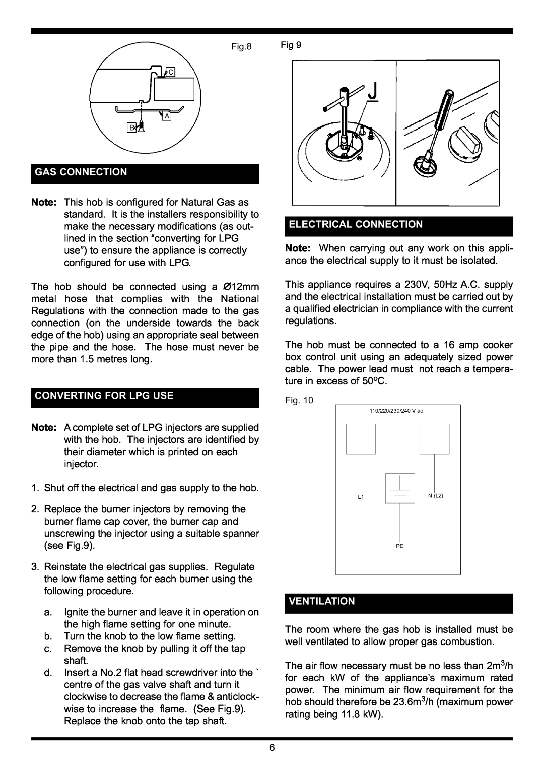 Waterford Precision Cycles Gas Hob manual Gas Connection, Converting For Lpg Use, Electrical Connection, Ventilation 