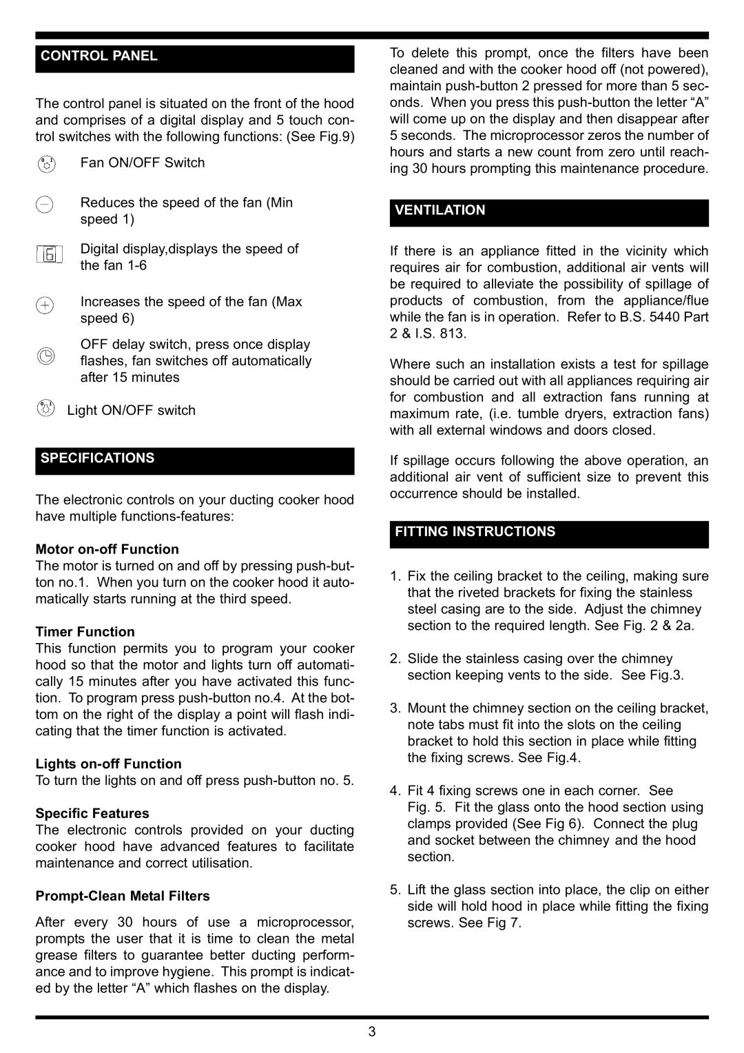 Waterford Precision Cycles Glass Island Hood manual Control Panel, Specifications, Ventilation, Fitting Instructions 