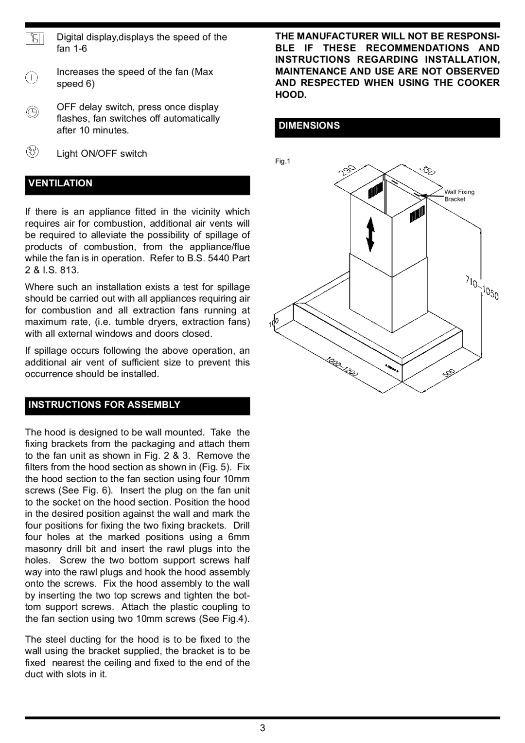 Waterford Precision Cycles Stainless Steel Box Hood manual Ventilation, Instructions for Assembly, Dimensions 