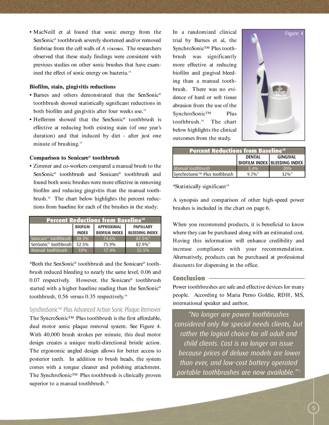 Waterpik Technologies DT400, 7500 Conclusion, Biofilm, stain, gingivitis reductions, Comparison to Sonicare toothbrush 