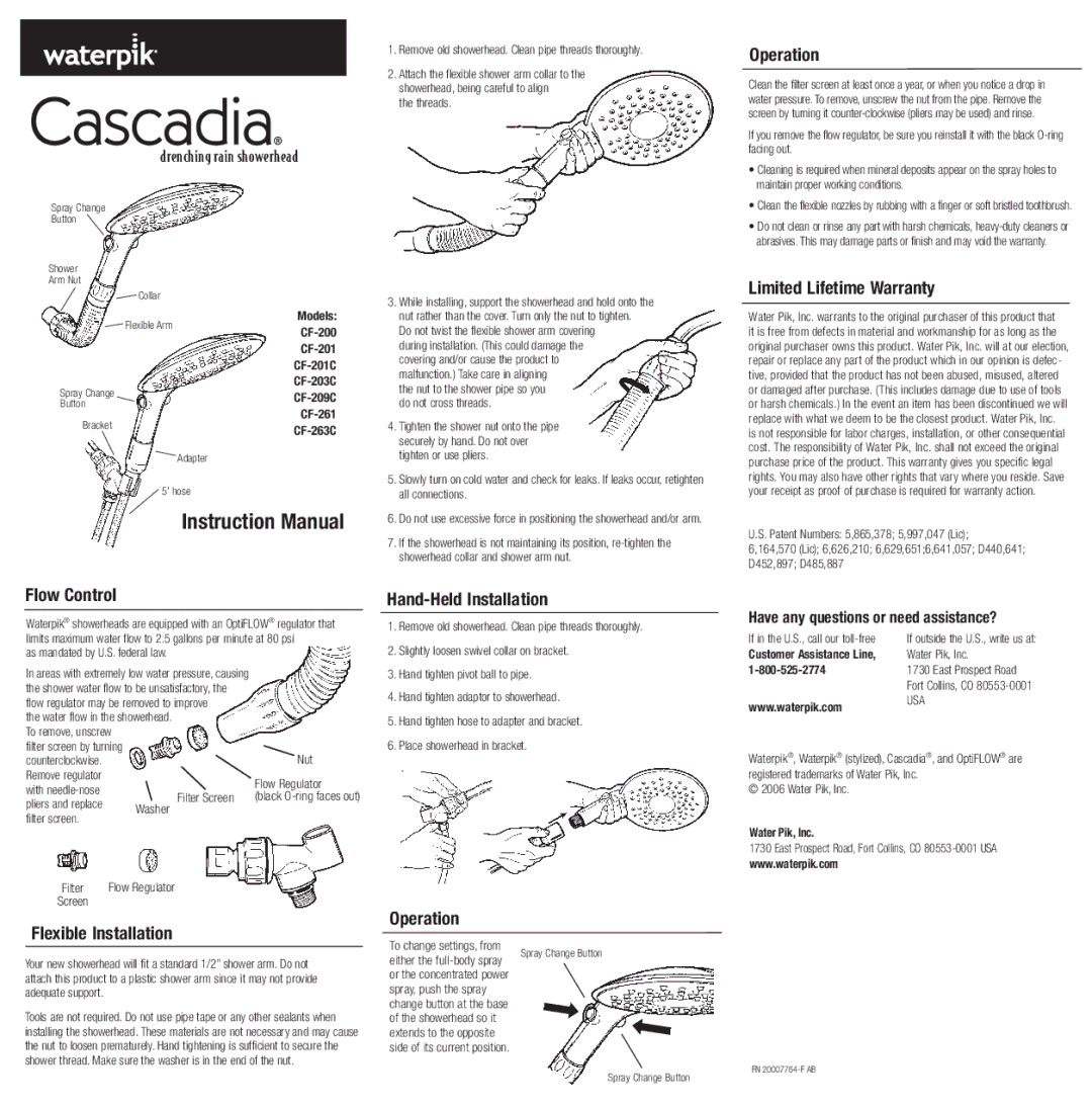 Waterpik Technologies CF-203C, CF-200, CF-201C instruction manual Operation, Limited Lifetime Warranty, Flow Control 