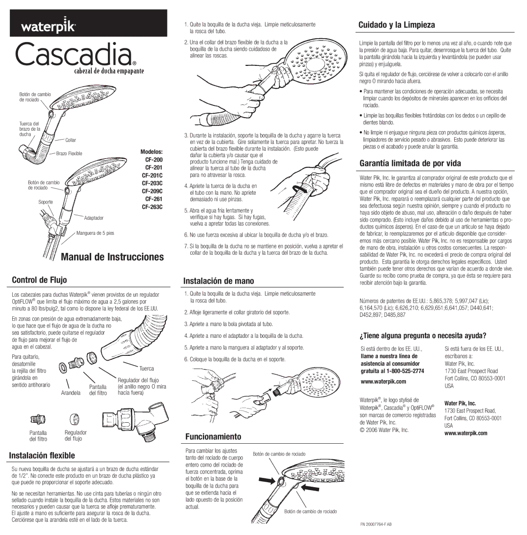 Waterpik Technologies CF-201 Control de Flujo, Instalación de mano, Cuidado y la Limpieza, Garantía limitada de por vida 