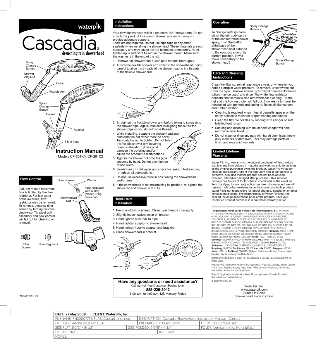 Waterpik Technologies CF-261(C) instruction manual Installation Instructions, Operation, Care and Cleaning Instructions 