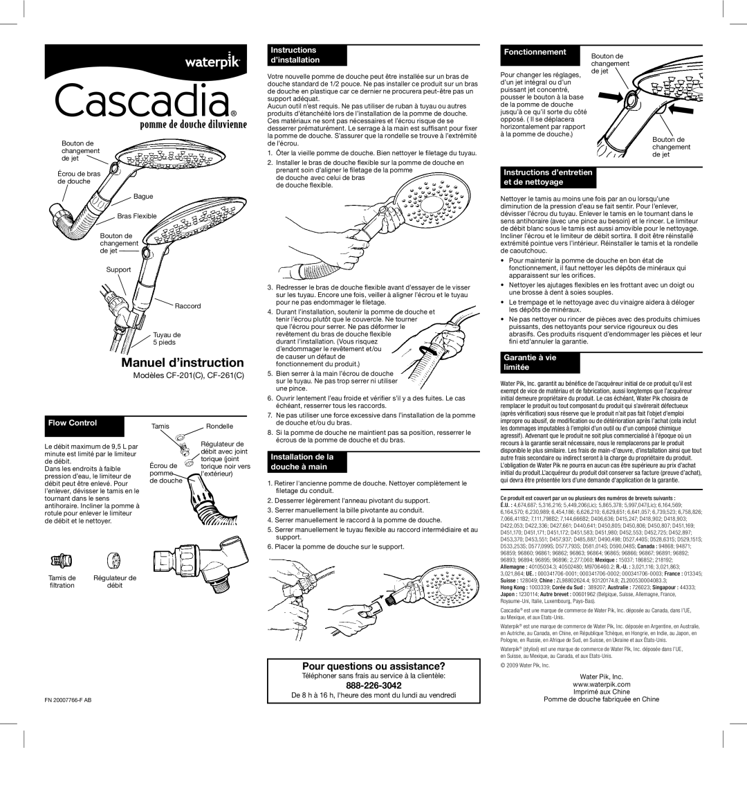 Waterpik Technologies CF-261(C) Instructions d’installation, Fonctionnement, Instructions d’entretien et de nettoyage 