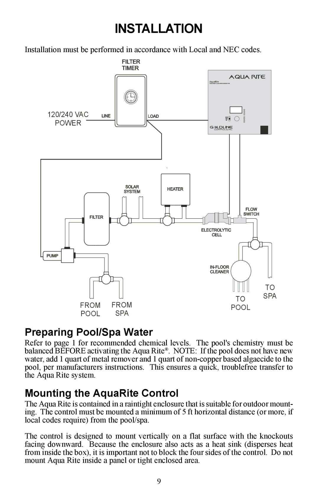 Waterpik Technologies Electronic Chlorine Generator manual Preparing Pool/Spa Water, Mounting the AquaRite Control 