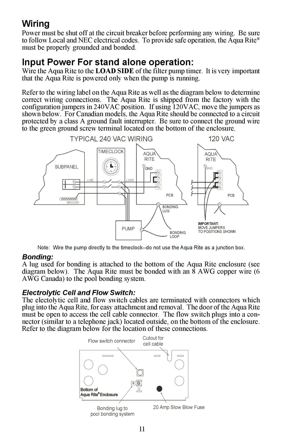 Waterpik Technologies Electronic Chlorine Generator manual Wiring, Input Power For stand alone operation 