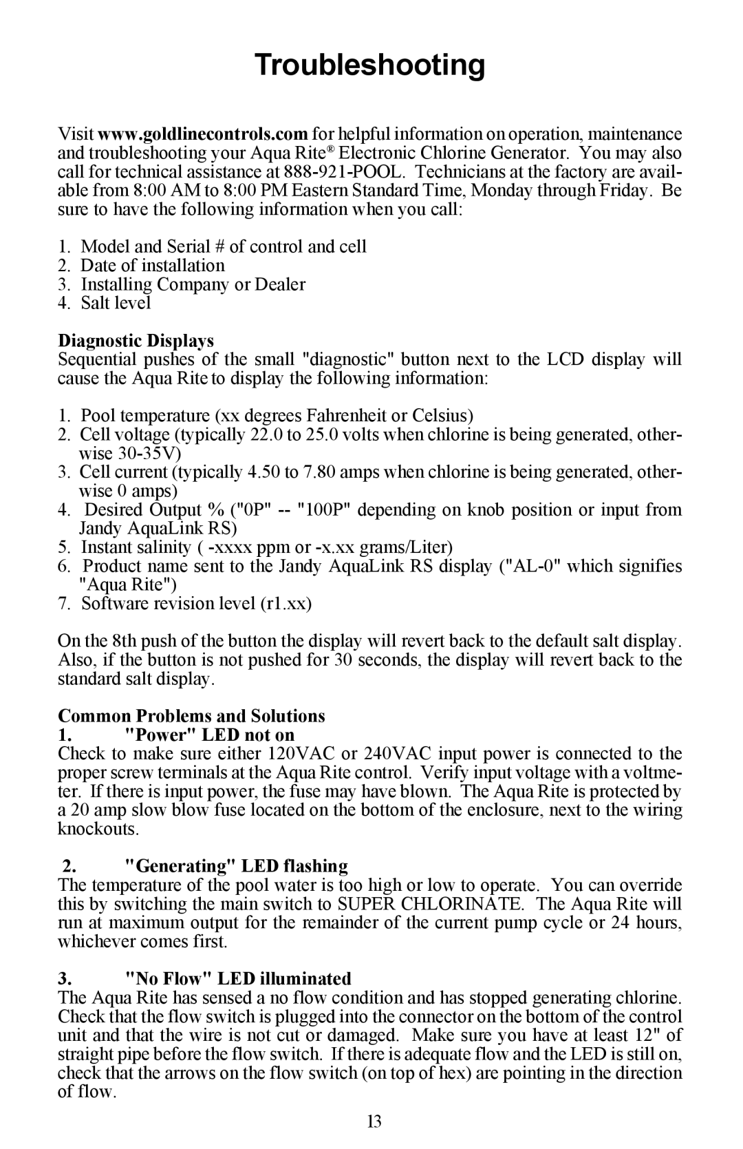 Waterpik Technologies Electronic Chlorine Generator manual Troubleshooting 