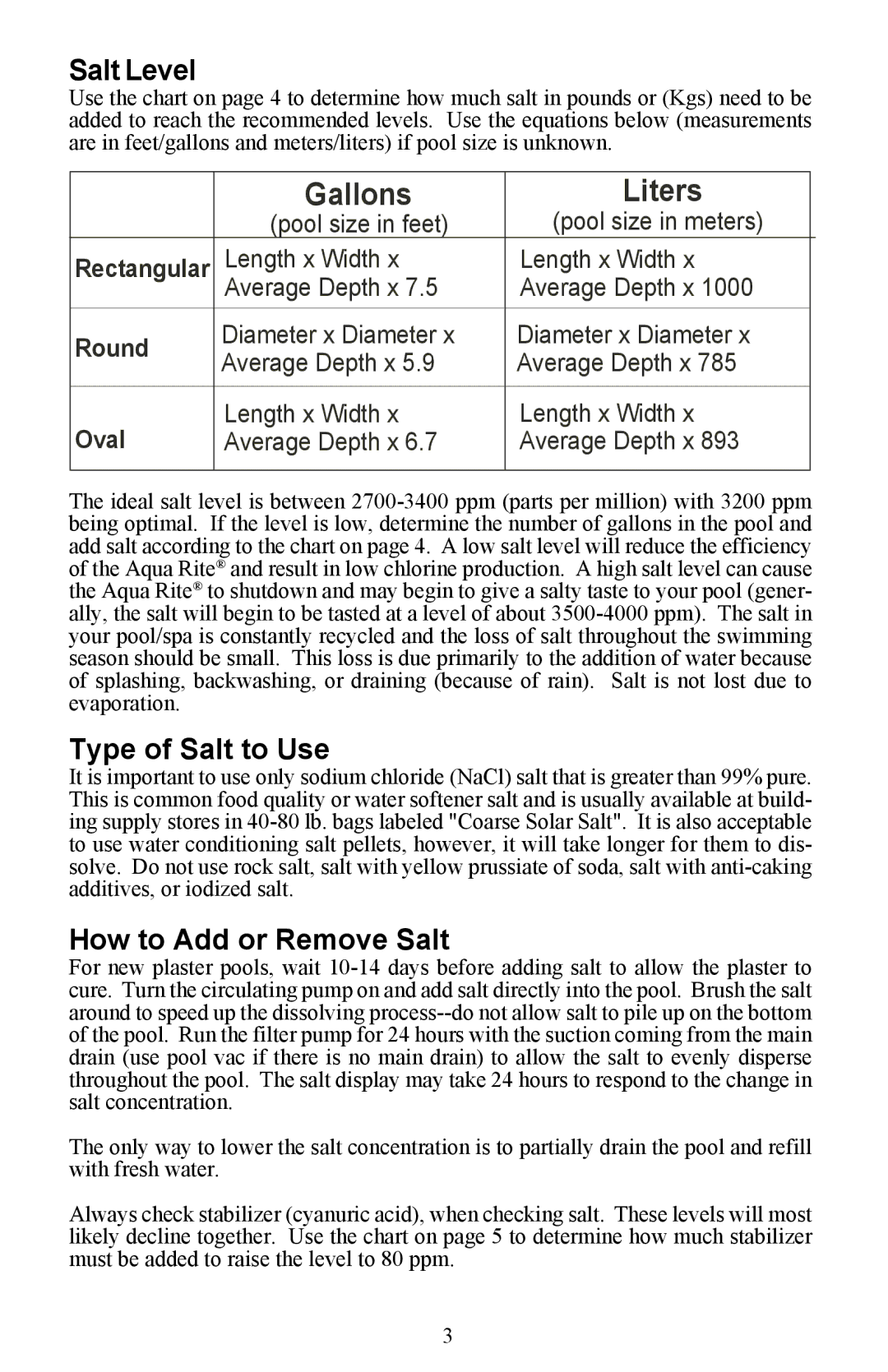 Waterpik Technologies Electronic Chlorine Generator manual Salt Level, Type of Salt to Use, How to Add or Remove Salt 