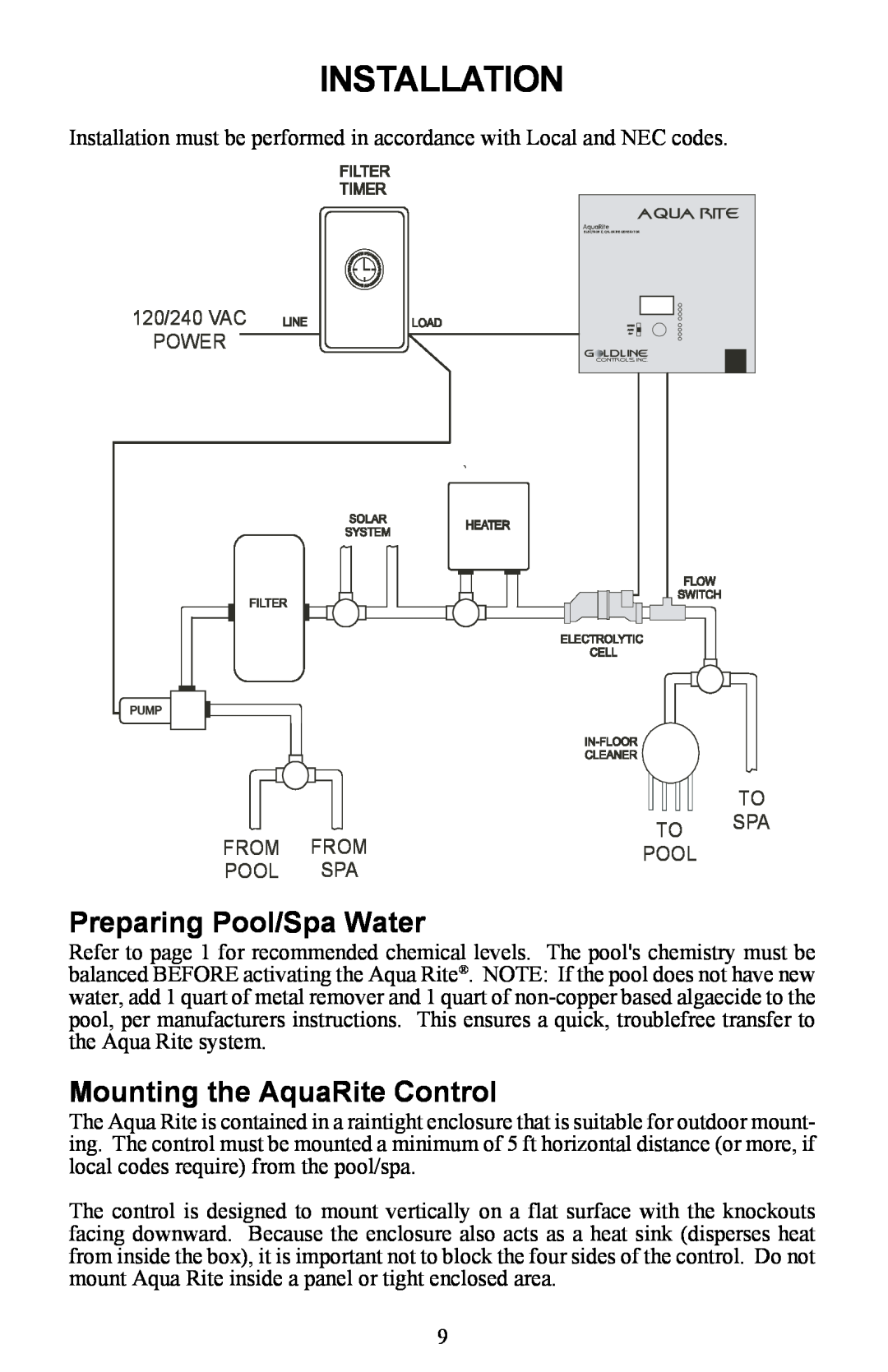 Waterpik Technologies Electronic Chlorine Generator Installation, Preparing Pool/Spa Water, Mounting the AquaRite Control 