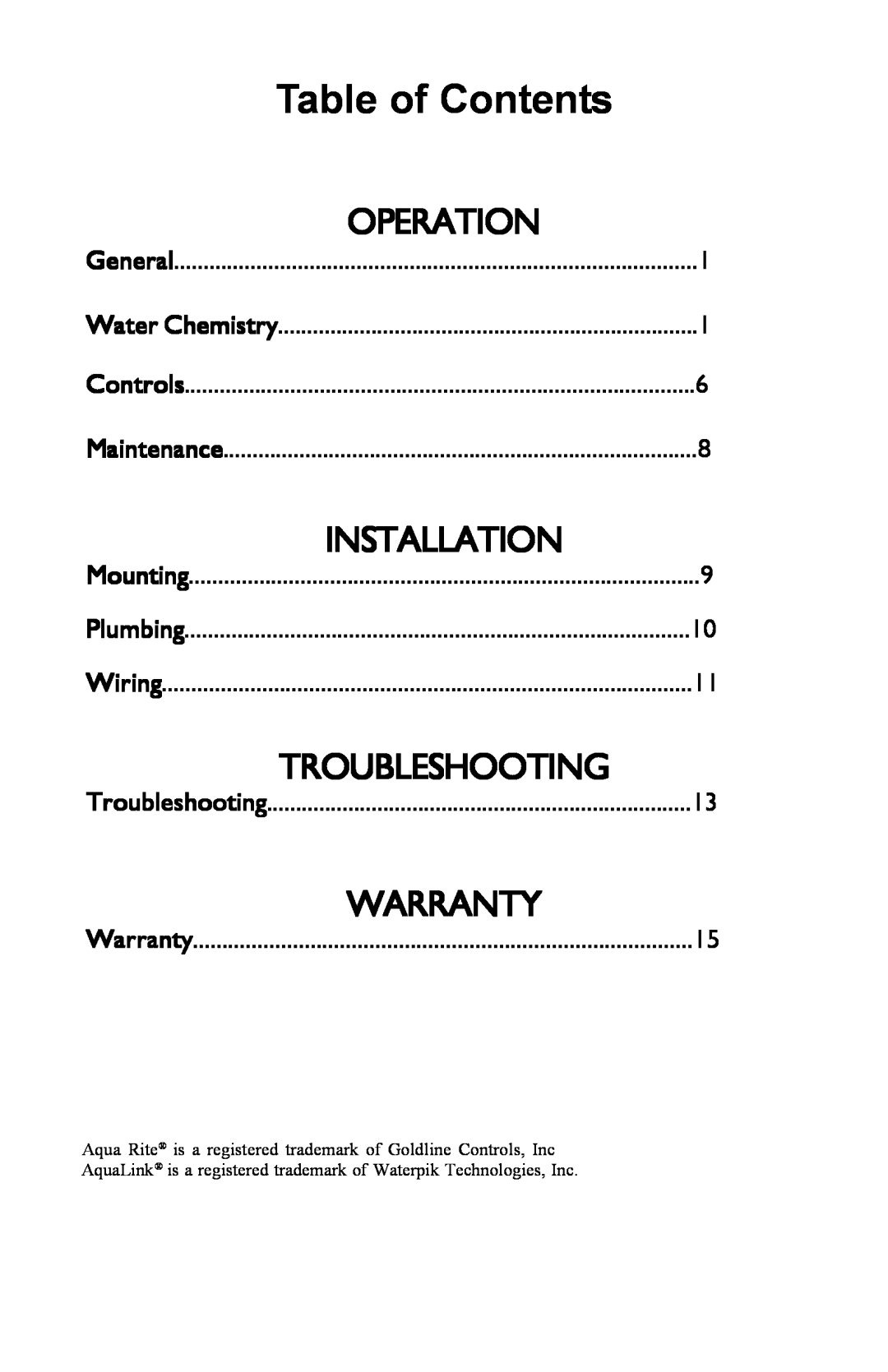 Waterpik Technologies Electronic Chlorine Generator Operation, Installation, Troubleshooting, Table of Contents, Warranty 