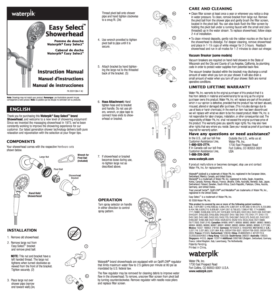 Waterpik Technologies FN 20011364-F AC warranty Easy Select, Showerhead, Instruction Manual, Manuel d’instructions 