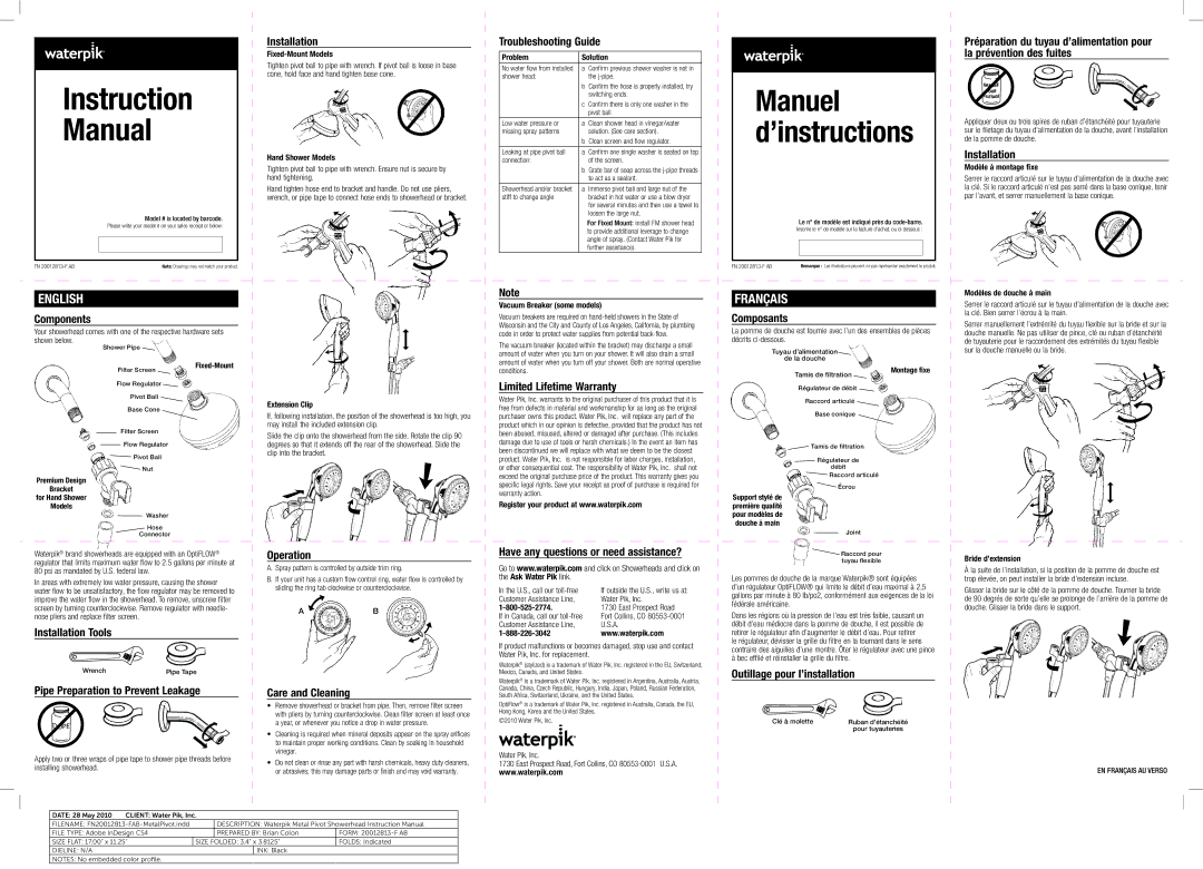Waterpik Technologies FN 20012813-F AB instruction manual Components, Installation Tools, Operation, Care and Cleaning 