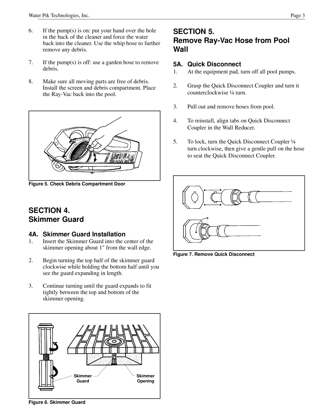Waterpik Technologies H0555100 owner manual Remove Ray-Vac Hose from Pool Wall, Skimmer Guard, 5A. Quick Disconnect 
