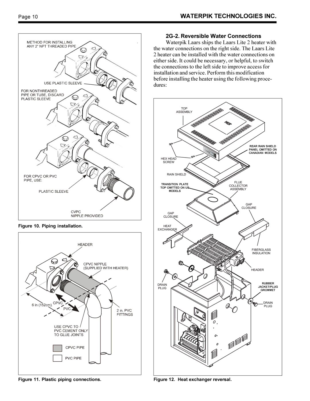 Waterpik Technologies LG, LD operation manual 2G-2. Reversible Water Connections, Piping installation 