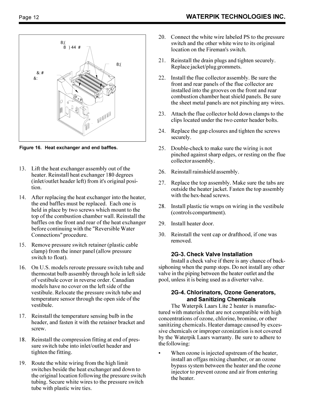 Waterpik Technologies LG, LD 2G-3. Check Valve Installation, 2G-4. Chlorinators, Ozone Generators Sanitizing Chemicals 