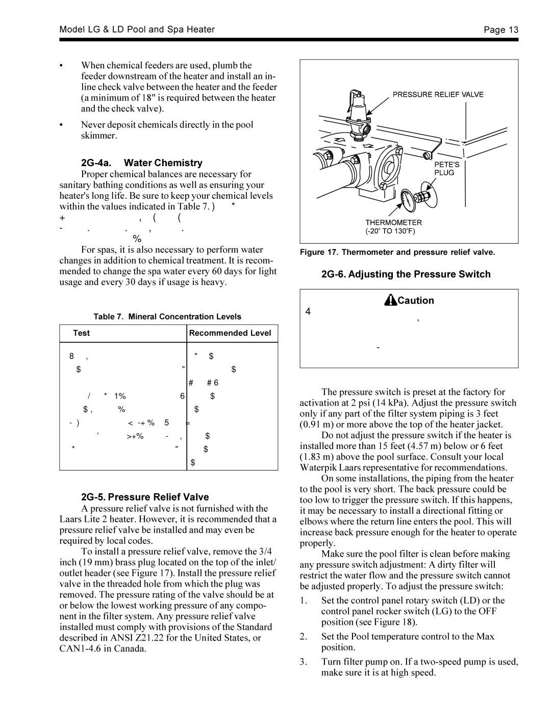 Waterpik Technologies LD, LG 2G-4a. Water Chemistry, 2G-5. Pressure Relief Valve, 2G-6. Adjusting the Pressure Switch 
