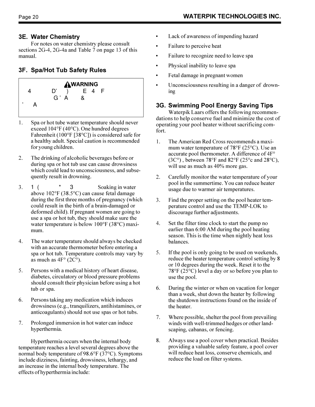 Waterpik Technologies LG, LD 3E. Water Chemistry, 3F. Spa/Hot Tub Safety Rules, 3G. Swimming Pool Energy Saving Tips 