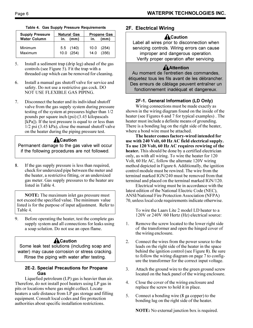 Waterpik Technologies LG, LD operation manual 2F. Electrical Wiring, 2E-2. Special Precautions for Propane Gas 