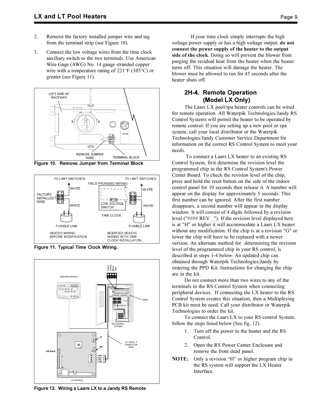 Waterpik Technologies pool/spa heater warranty 2H-4. Remote Operation Model LX Only, Remove Jumper from Terminal Block 