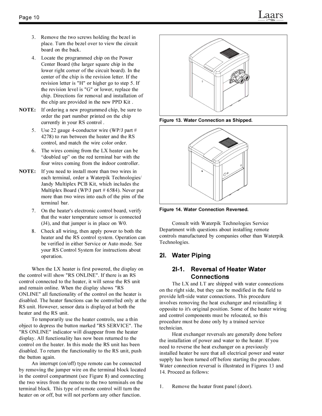 Waterpik Technologies pool/spa heater warranty 2I. Water Piping 2I-1. Reversal of Heater Water Connections 