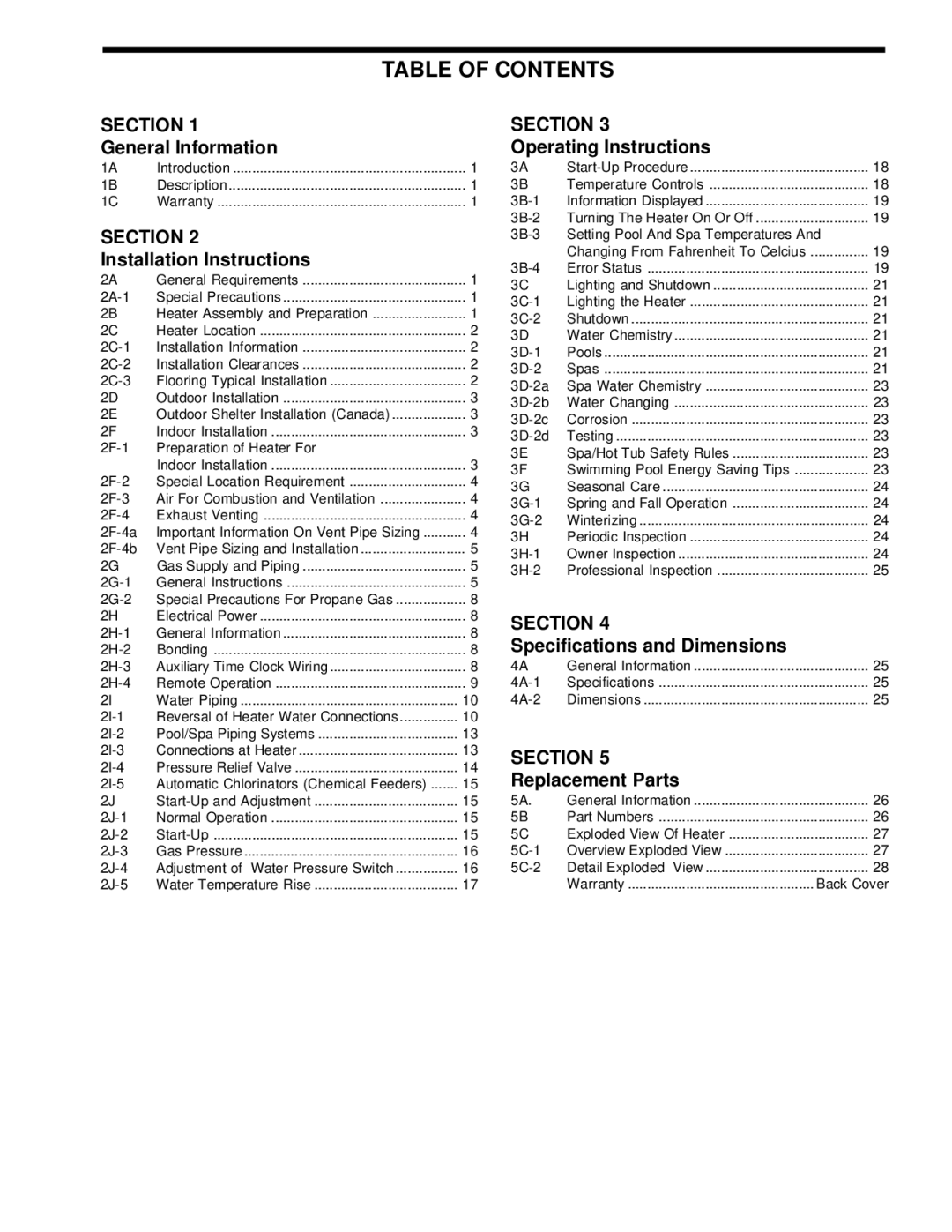 Waterpik Technologies pool/spa heater warranty Table of Contents 