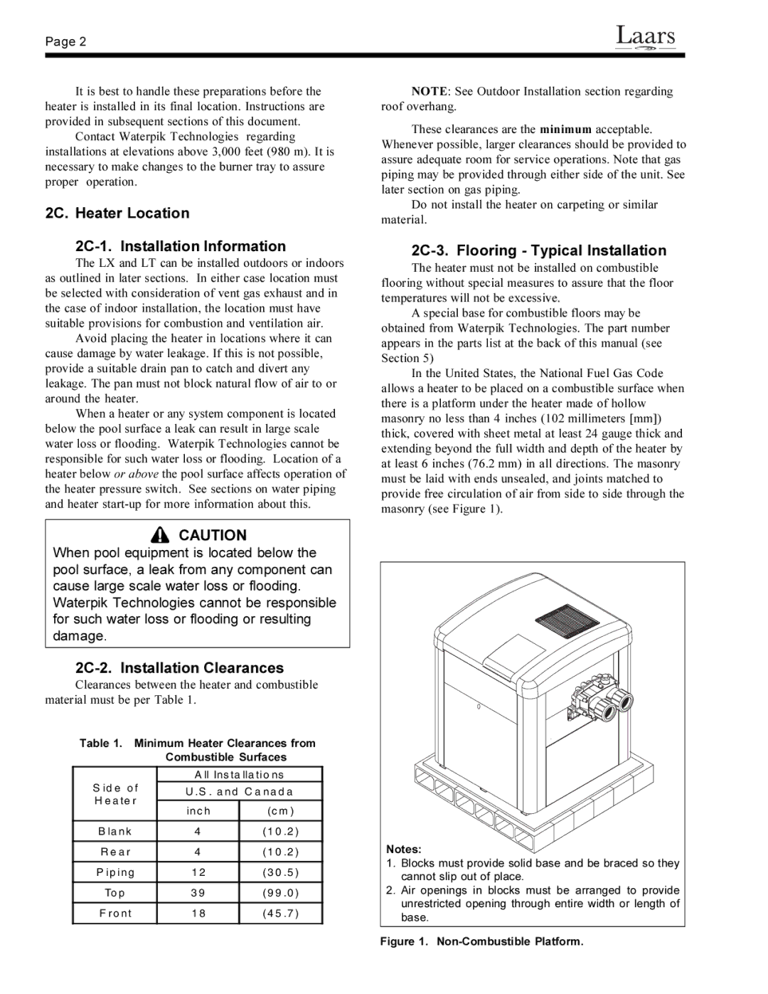 Waterpik Technologies pool/spa heater 2C. Heater Location 2C-1. Installation Information, 2C-2. Installation Clearances 