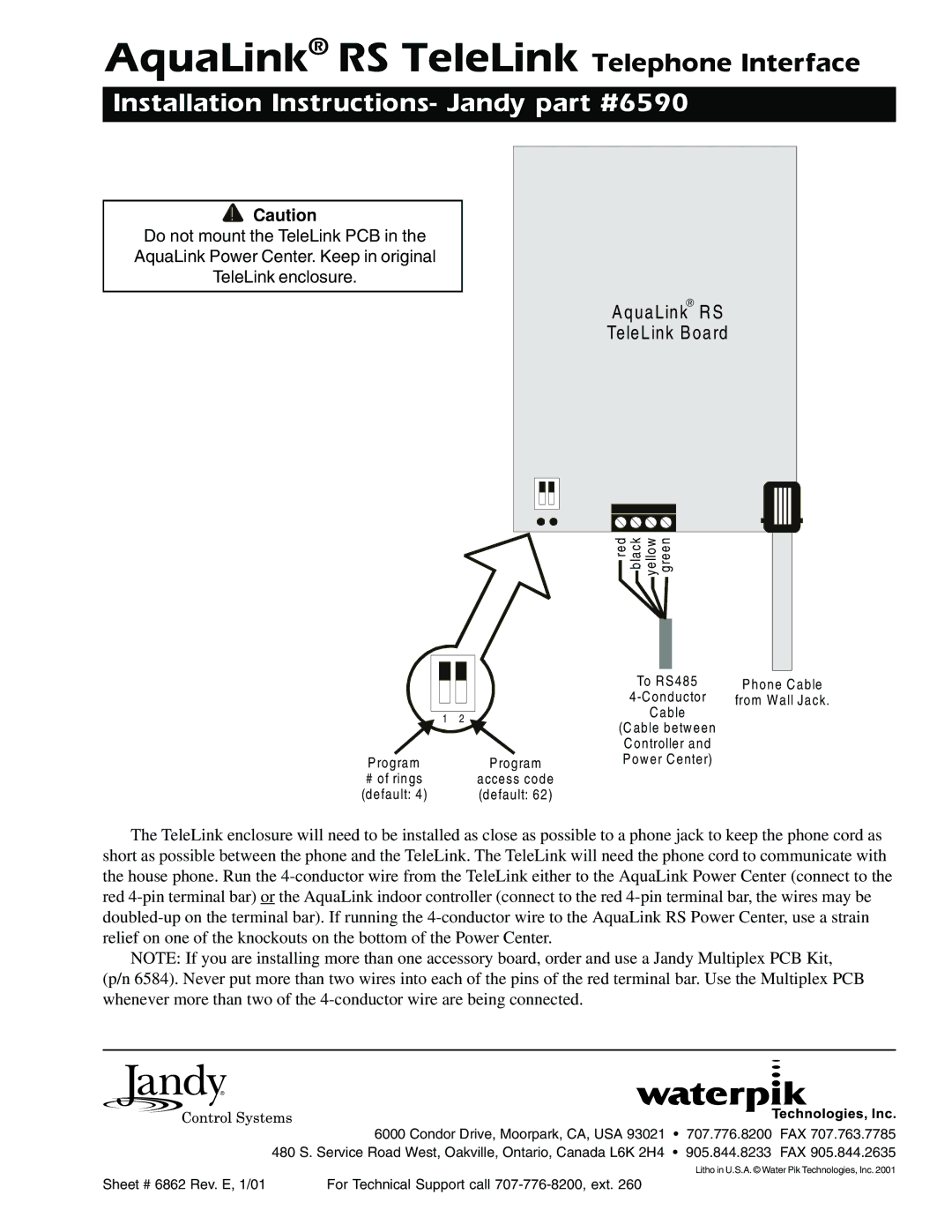 Waterpik Technologies RS485 installation instructions AquaLink RS TeleLink Telephone Interface, AquaLink RS TeleLink Board 