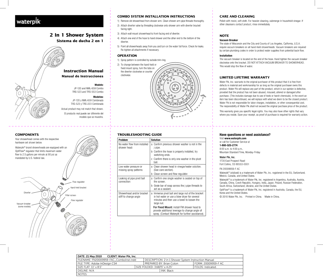 Waterpik Technologies TRS-553, TRS-523 instruction manual Components, Combo System Installation Instructions, Operation 