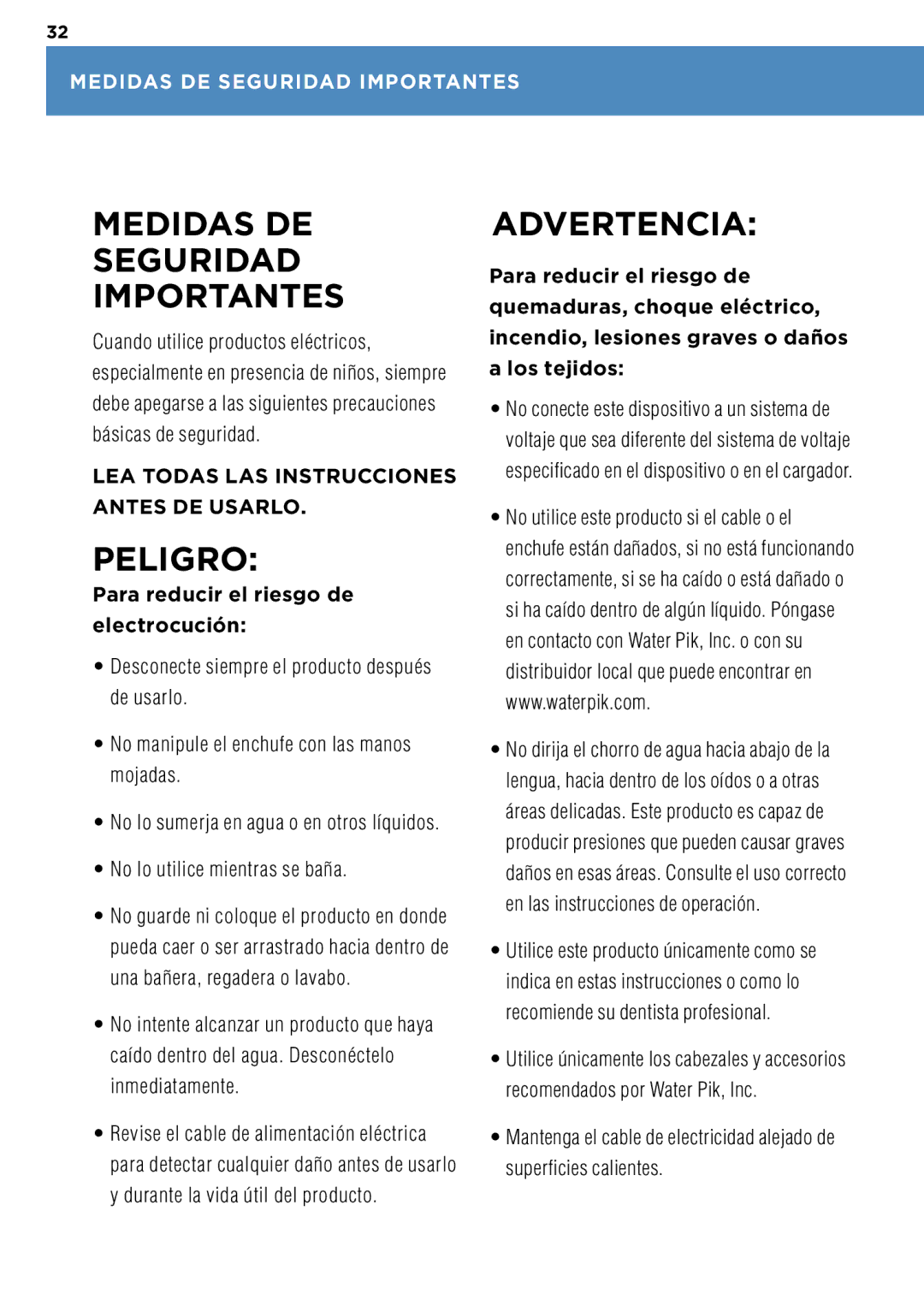 Waterpik Technologies WP-100 manual Medidas DE Seguridad Importantes, Para reducir el riesgo de electrocución 