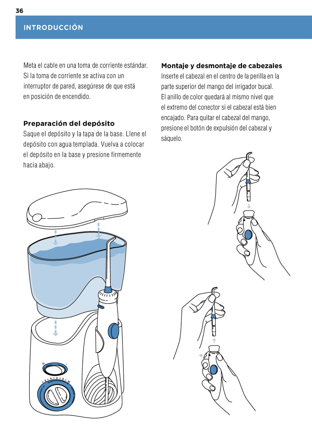 Waterpik Technologies WP-100 manual Introducción, En posición de encendido, Preparación del depósito 