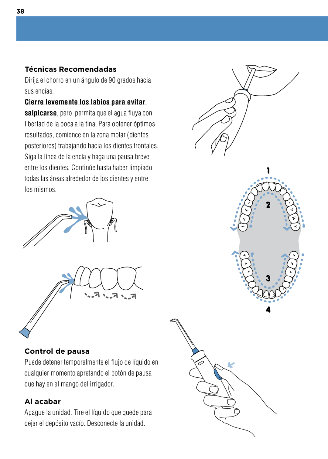 Waterpik Technologies WP-100 Técnicas Recomendadas, Dirija el chorro en un ángulo de 90 grados hacia sus encías, Al acabar 