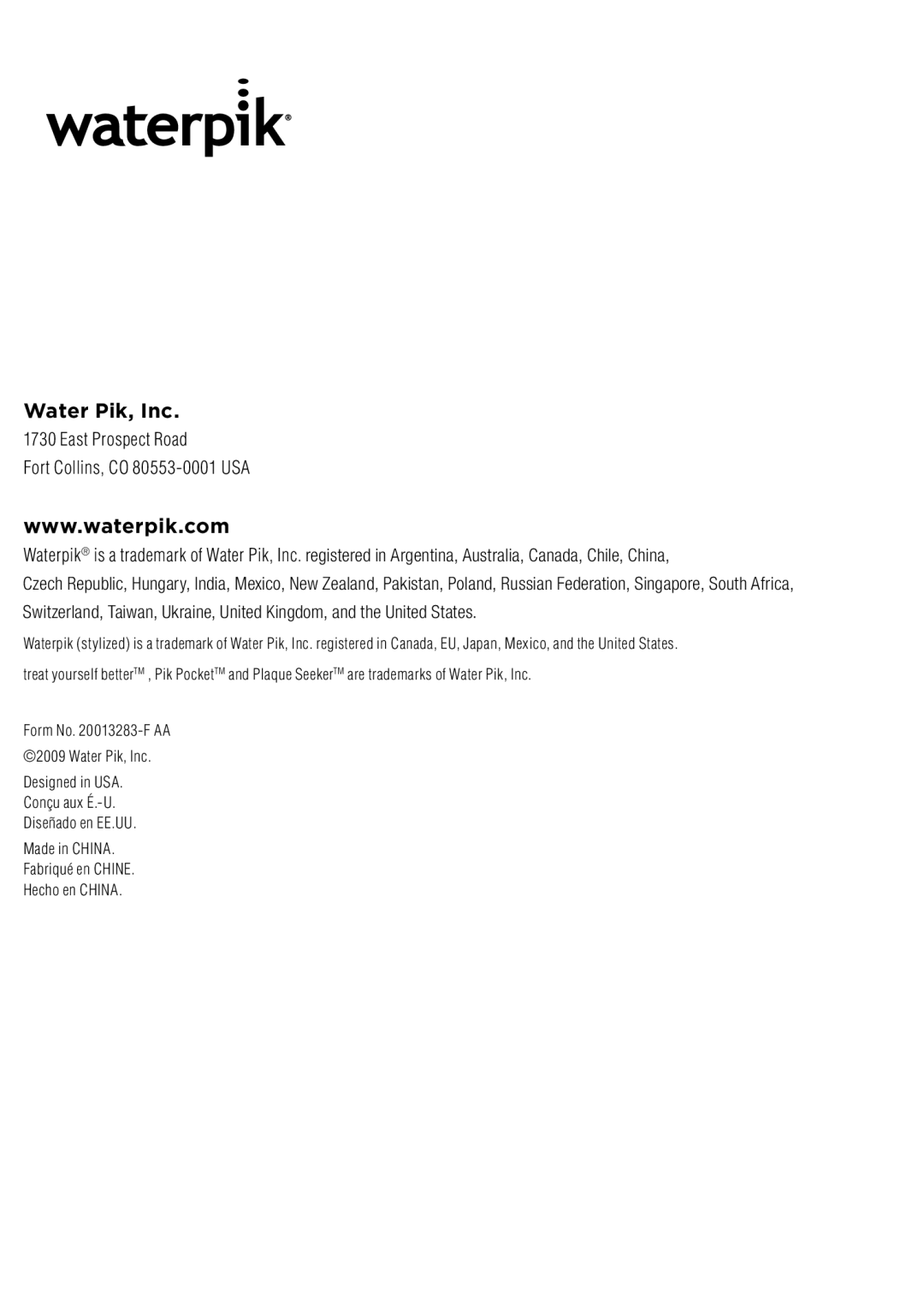 Waterpik Technologies WP-100 manual Form No -F AA 2009 Water Pik, Inc 