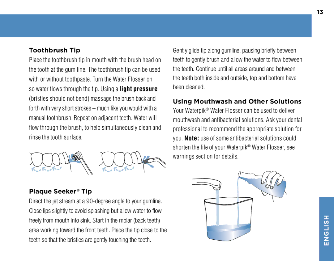 Waterpik Technologies WP-300, WP-270, WP-260, WP-250 manual Toothbrush Tip, Plaque Seeker Tip 