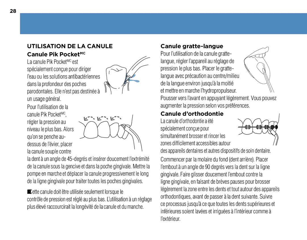 Waterpik Technologies WP-300, WP-270, WP-260, WP-250 manual Canule Pik PocketMC, Canule gratte-langue 