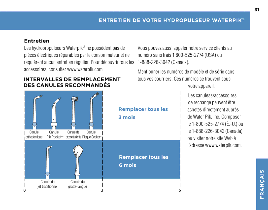 Waterpik Technologies WP-260, WP-270, WP-250, WP-300 manual Entretien DE Votre Hydropulseur Waterpik, Votre appareil 